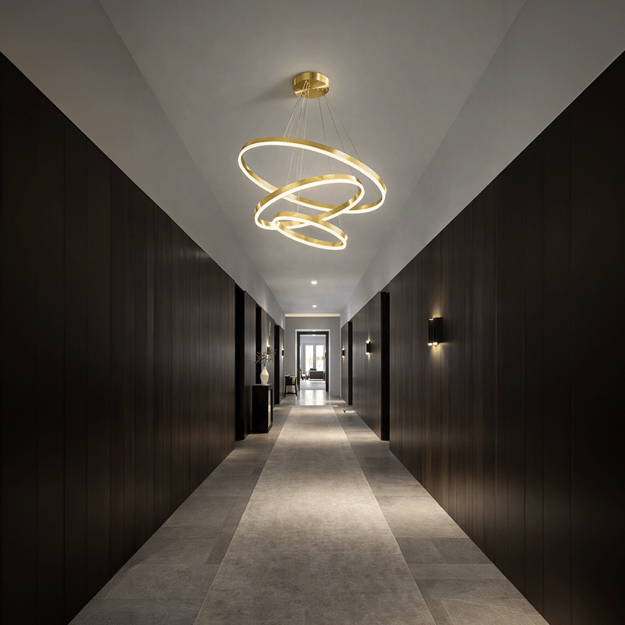 Lustre LED suspendu avec télécommande ELIZABETH, 85W, 3 Cercles, Lumière Froid/Chaud/Neutre, Dimmable, Or Brillant, Hauteur Réglable