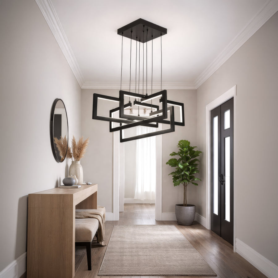 Lustre LED avec télécommande, Suspendu 96W, 4 Éléments, Lumière Froid/Chaud/Neutre, Dimmable, Hauteur réglable, Noir