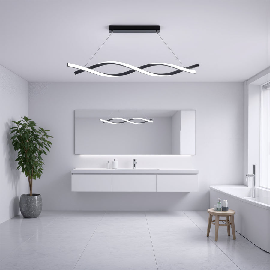 Lustre LED Suspendu avec Télécommande, FLUX, 27W, 116cm, Lumière Froide/Chaude/Neutre 3000K/4000K/6000K, Intensité Variable, Noir, Hauteur Réglable, Métal et Silicone