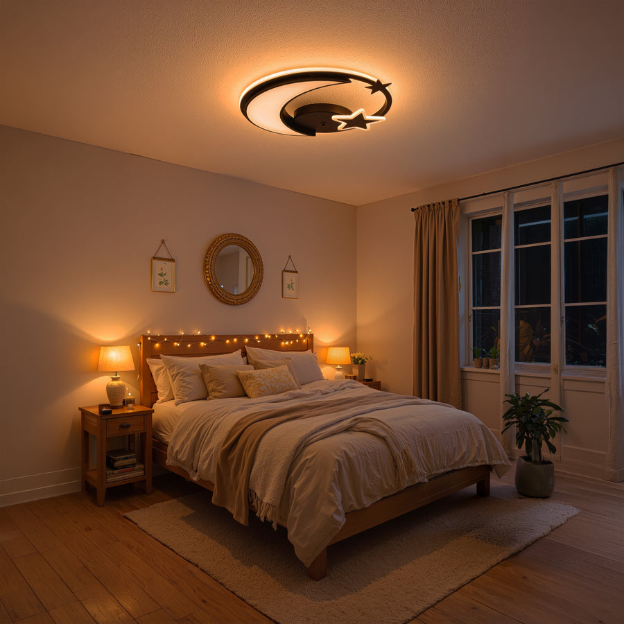 Lustre LED avec télécommande ALYONA 44W, Lune et Étoile, Lumière Froide/Chaude/Neutre, Dimmable, Noir