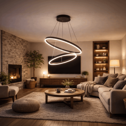 Lustre LED Suspendu avec Télécommande CASIANA 40W, 2 Cercles, Lumière Froid/Chaude/Neutre 3000K/4000K/6000K, Intensité Variable, Noir, Hauteur Réglable, Métal et Acrylique