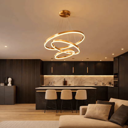 Lustre LED suspendu avec télécommande ELIZABETH, 85W, 3 Cercles, Lumière Froid/Chaud/Neutre, Dimmable, Or Brillant, Hauteur Réglable