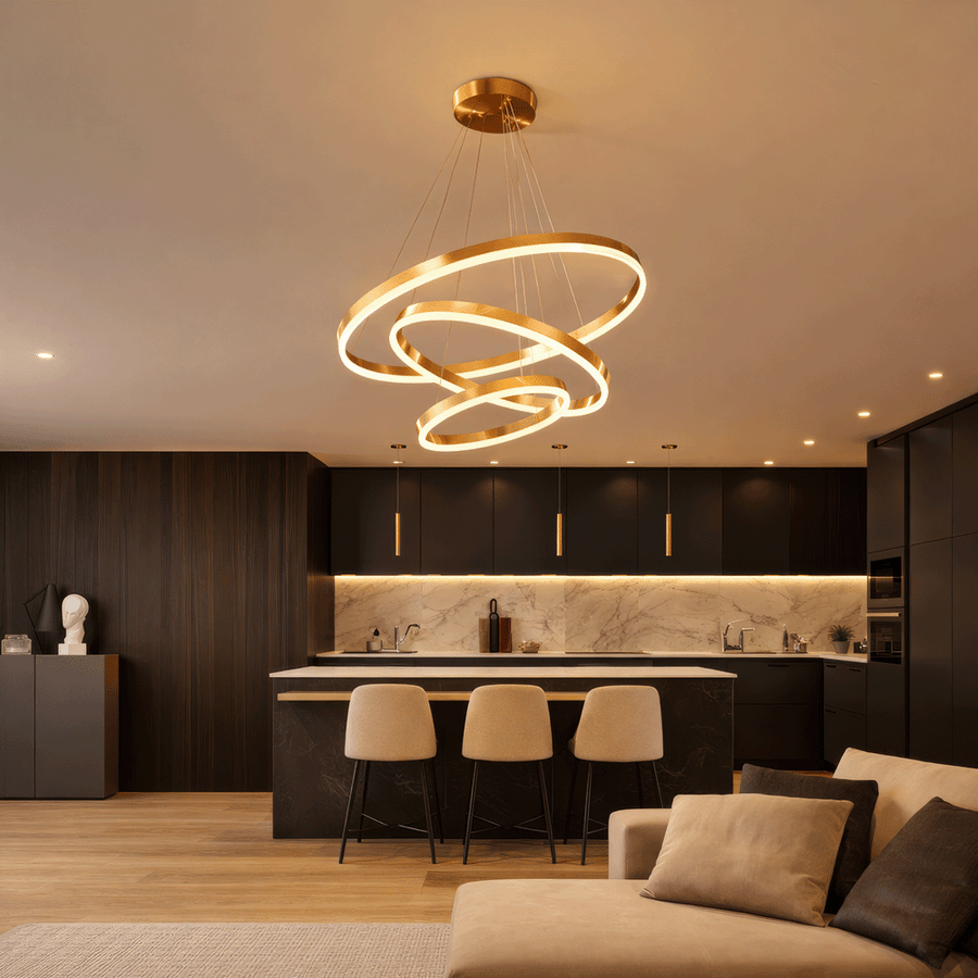 Lustre LED suspendu avec télécommande ELIZABETH, 85W, 3 Cercles, Lumière Froid/Chaud/Neutre, Dimmable, Or Brillant, Hauteur Réglable