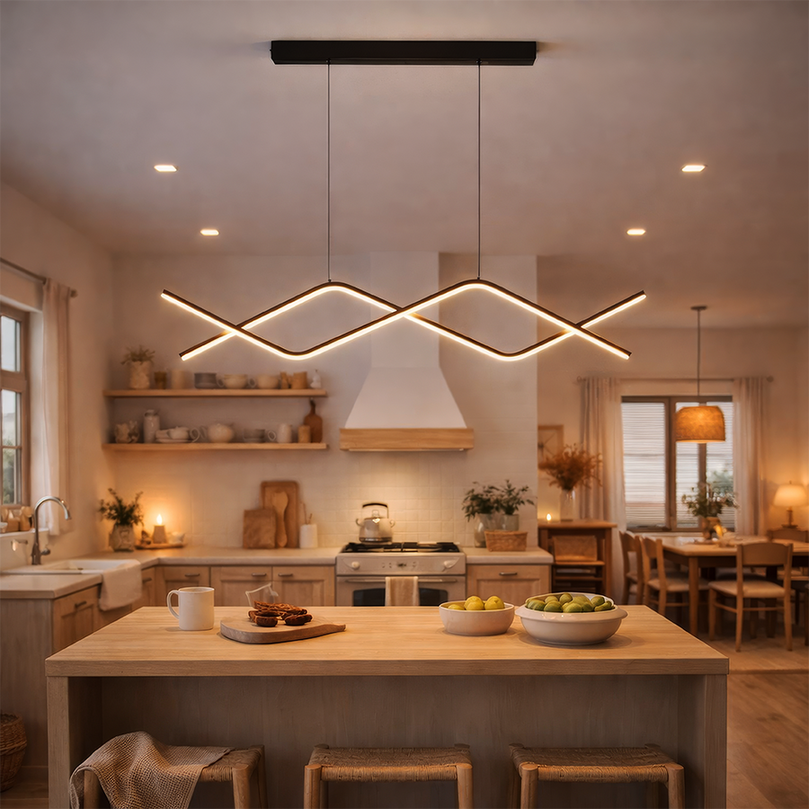 Lustre LED suspendu avec télécommande ZIGZAG 27W, Lumière Froide/Chaude/Neutre, Dimmable, Noir, Hauteur Réglable