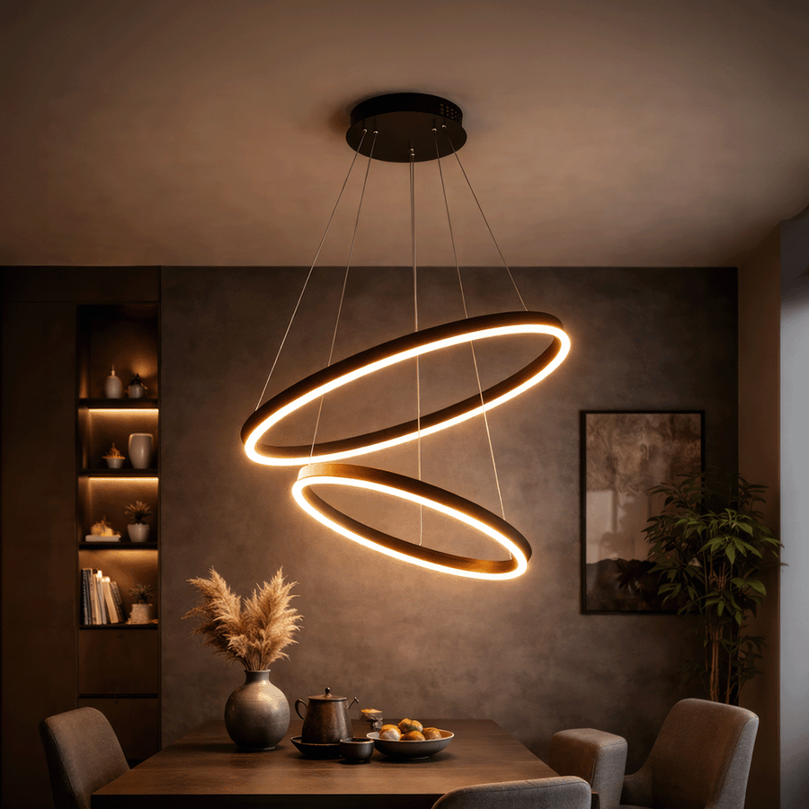 Lustre LED Suspendu avec Télécommande CASIANA 40W, 2 Cercles, Lumière Froid/Chaude/Neutre 3000K/4000K/6000K, Intensité Variable, Noir, Hauteur Réglable, Métal et Acrylique