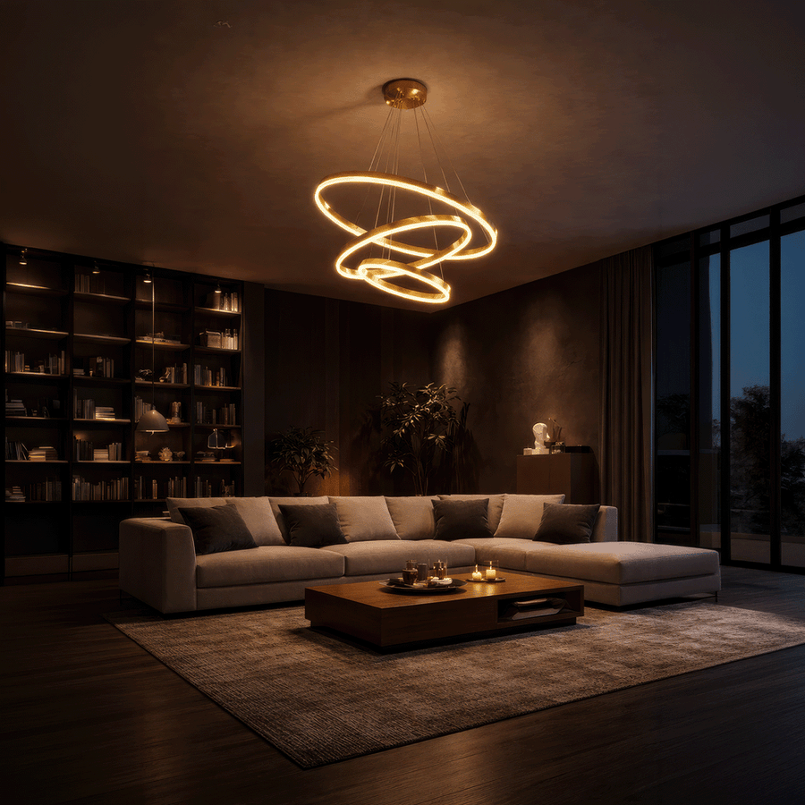 Lustre LED suspendu avec télécommande ELIZABETH, 85W, 3 Cercles, Lumière Froid/Chaud/Neutre, Dimmable, Or Brillant, Hauteur Réglable