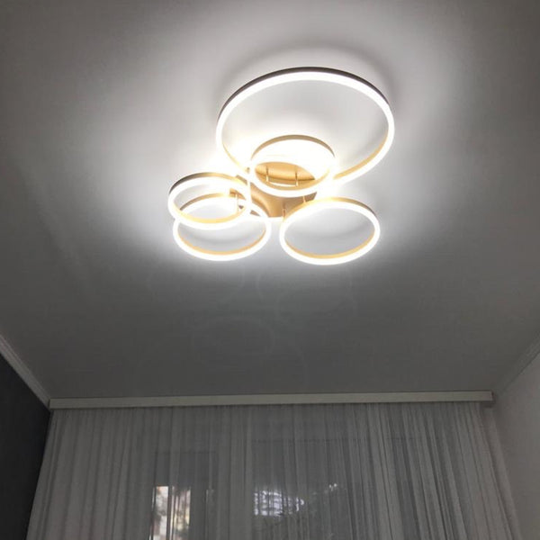 Photo d’un client: Lustre LED avec télécommande LYRA 248W, 5 Cercles, Lumière Froide/Chaude/Neutre, Dimmable, Or Brossé