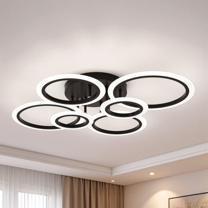 Lustre LED avec télécommande BETTY 82W, 6 Cercles, Lumière Froide/Chaude/Neutre, Dimmable, Noir