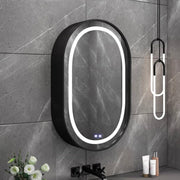 Miroir LED avec armoire, ovale, 50x80 cm, désembuage, lumière froide/chaude/neutre, cadre noir, espace de rangement