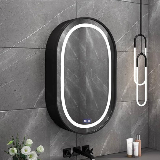 Miroir LED avec armoire, ovale, 50x80 cm, désembuage, lumière froide/chaude/neutre, cadre noir, espace de rangement Miroirs d'armoire Titre par défaut Alessandro Design