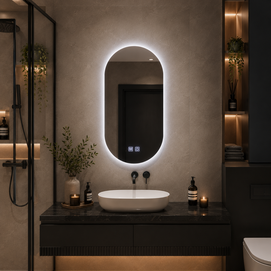 Miroir LED ovale, 50x100cm, Velara Touch, système anti-buée, intensité variable