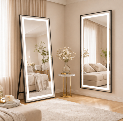 Miroir LED rectangulaire, cadre noir, 50x160 cm, intensité variable, lumière froide/chaude/neutre, Dressing Couture