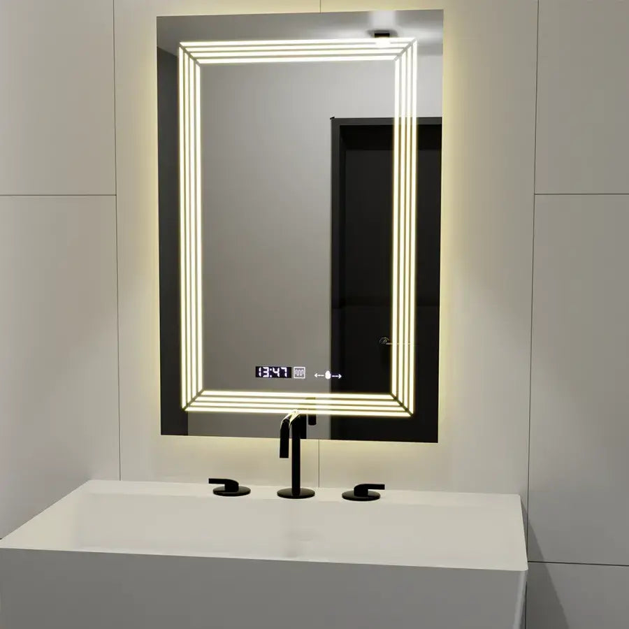 Miroir LED rectangulaire, 60 x 80 cm, capteur MotionGlow Venezia Marcello, système anti-buée, horloge et thermomètre, intensité variable, lumière froide neutre et chaude 3000K/4000K/6000K