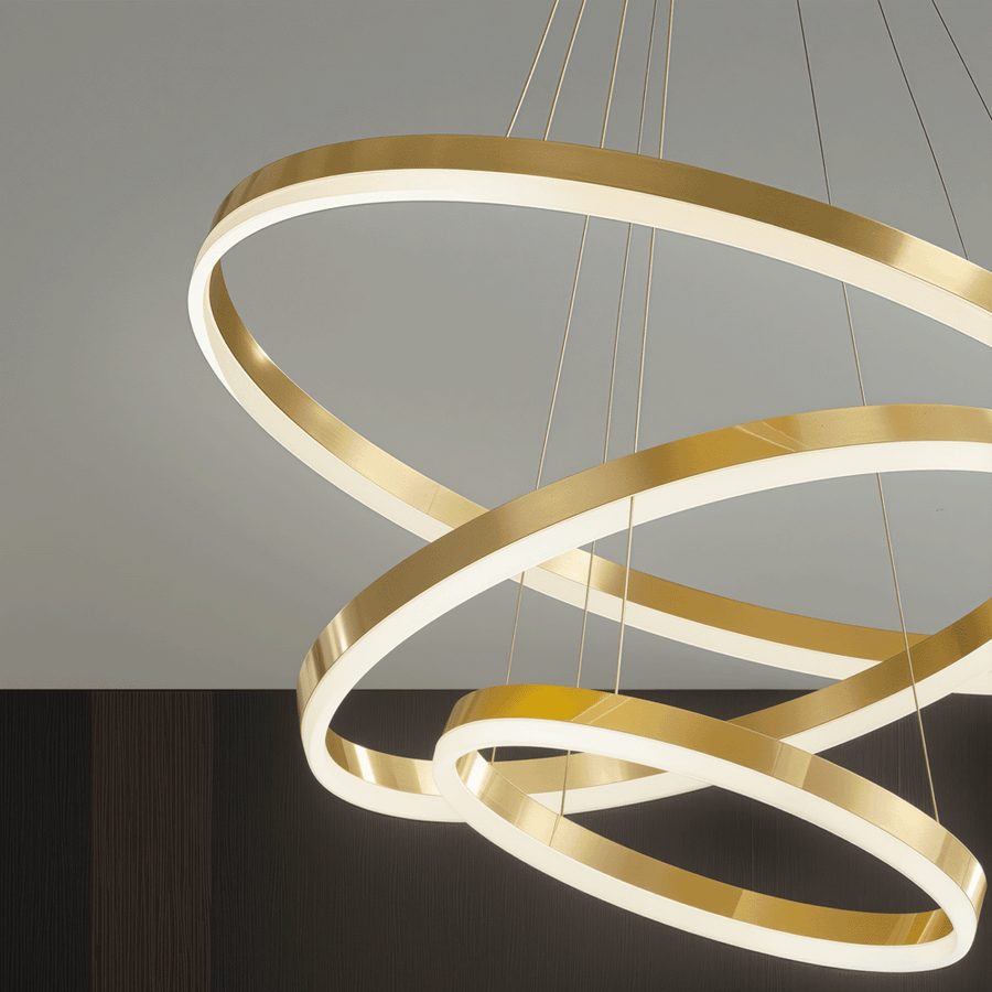 Lustre LED suspendu avec télécommande ELIZABETH, 85W, 3 Cercles, Lumière Froid/Chaud/Neutre, Dimmable, Or Brillant, Hauteur Réglable