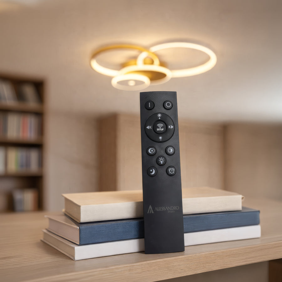 Lustre LED avec télécommande KILLIAN 80W, 4 Cercles, Lumière Froide/Chaude/Neutre, Dimmable, Doré