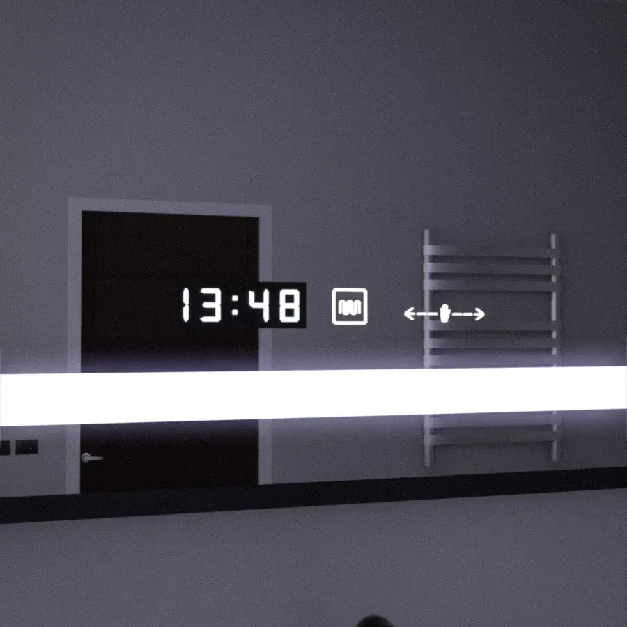 Miroir LED rectangulaire, 120x80cm, capteur Marcello MotionGlow, système anti-buée, horloge et thermomètre, loupe cosmétique, intensité variable