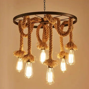 Lustre à roue, 6 x E27, marron, métal/ficelle