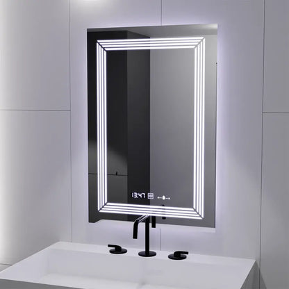 Miroir LED rectangulaire, 60 x 80 cm, capteur MotionGlow Venezia Marcello, système anti-buée, horloge et thermomètre, intensité variable, lumière froide neutre et chaude 3000K/4000K/6000K