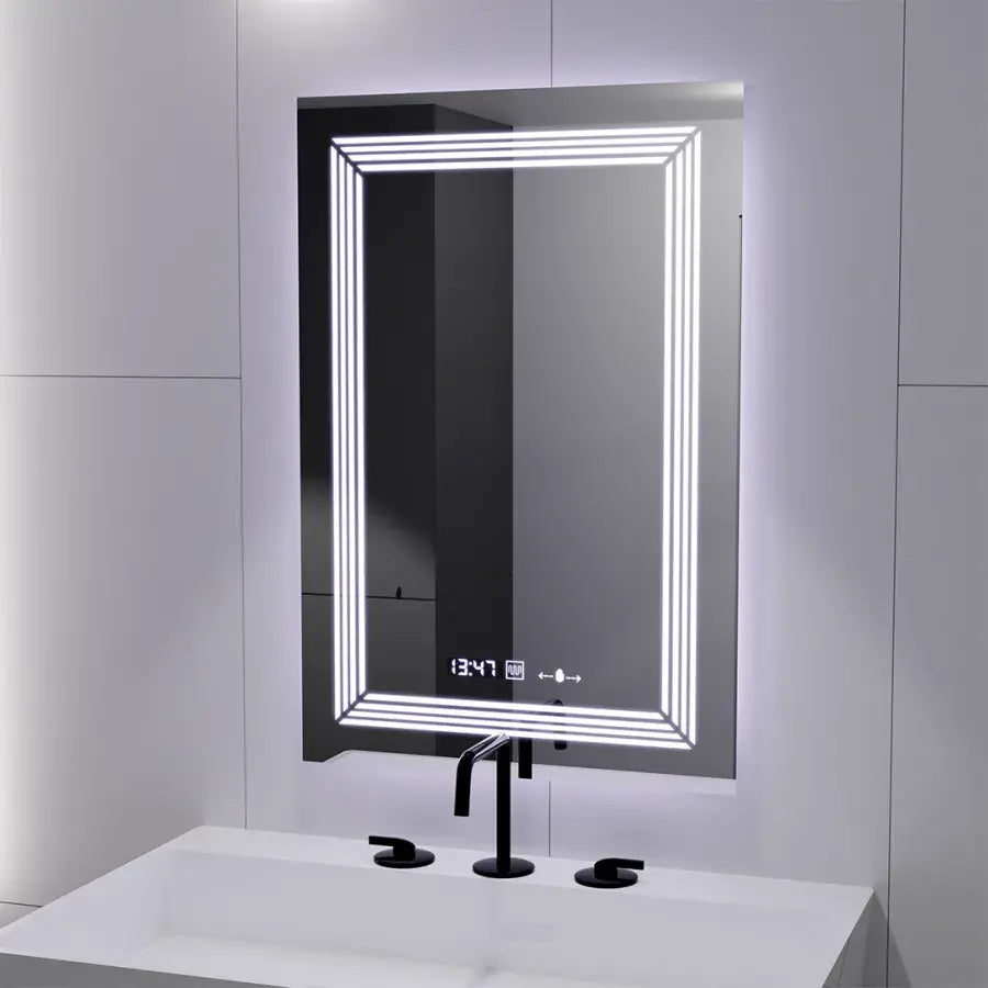 Miroir LED rectangulaire, 60 x 80 cm, capteur MotionGlow Venezia Marcello, système anti-buée, horloge et thermomètre, intensité variable, lumière froide neutre et chaude 3000K/4000K/6000K