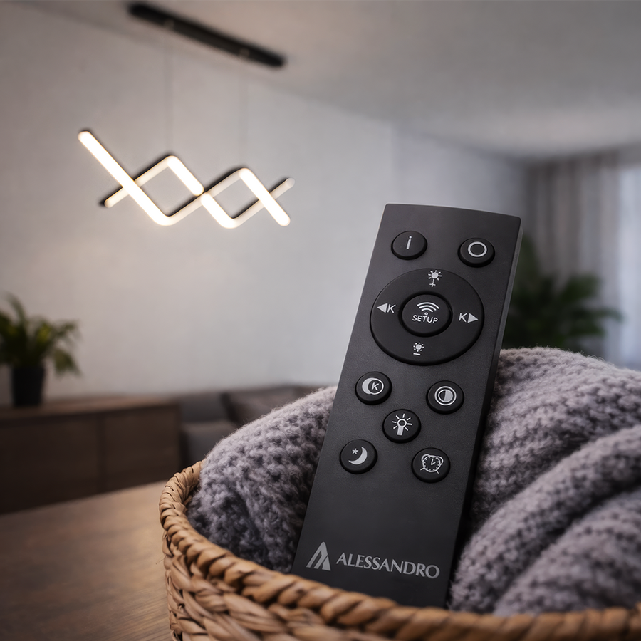 Lustre LED suspendu avec télécommande ZIGZAG 27W, Lumière Froide/Chaude/Neutre, Dimmable, Noir, Hauteur Réglable