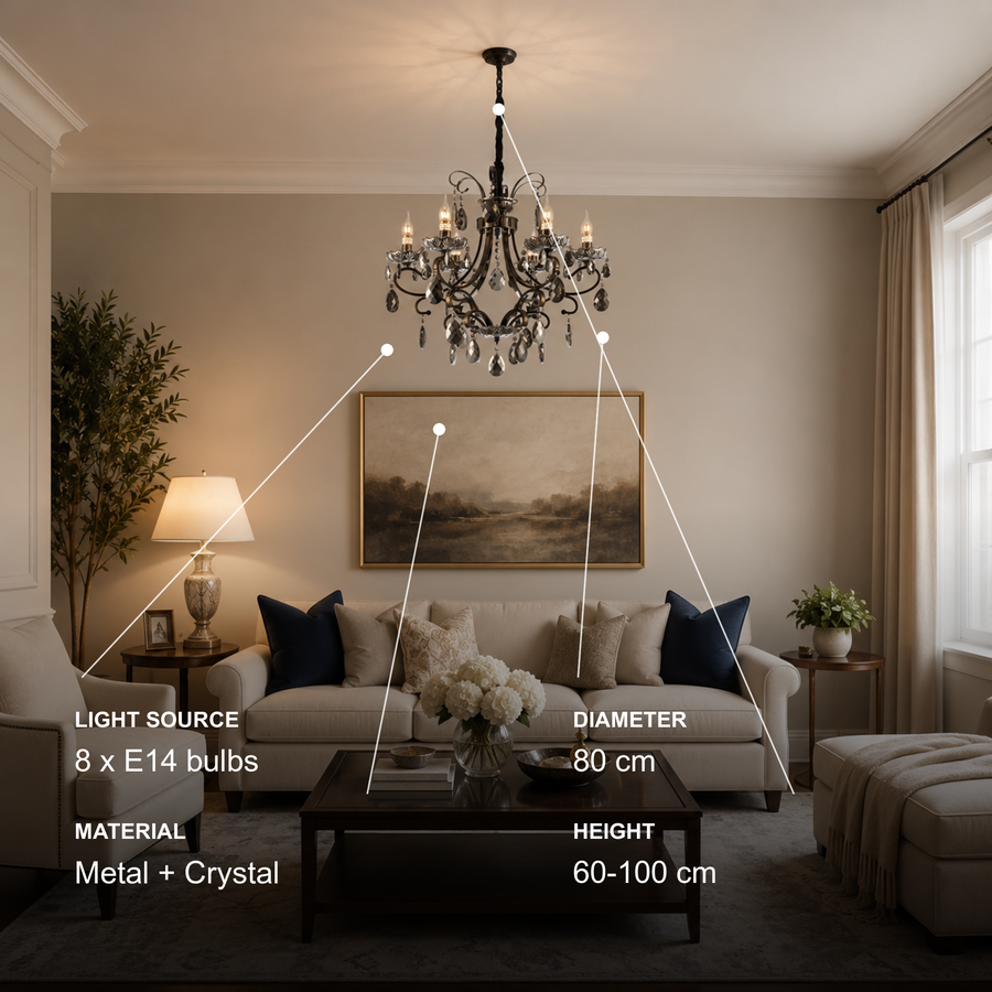 Lustre en cristal BARO Regalis, Φ80 cm, 8xE14, hauteur réglable, métal et cristal, noir