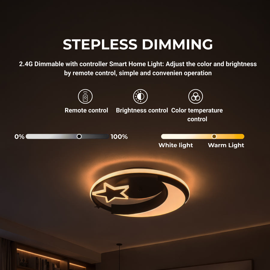 Lustre LED avec télécommande ALYONA 44W, Lune et Étoile, Lumière Froide/Chaude/Neutre, Dimmable, Noir