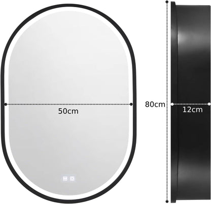 Miroir LED avec armoire, ovale, 50x80 cm, désembuage, lumière froide/chaude/neutre, cadre noir, espace de rangement