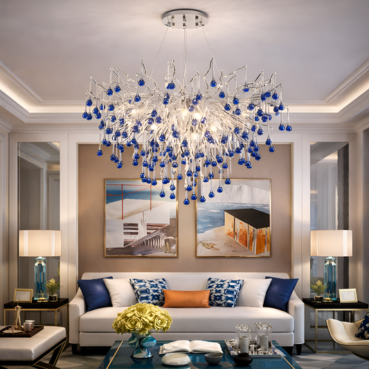 Lustre en cristal CC335/600CH, 7x G9, chrome et cristaux bleus, 60 cm, hauteur réglable