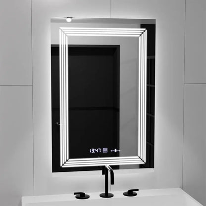 Miroir LED rectangulaire, 60 x 80 cm, capteur MotionGlow Venezia Marcello, système anti-buée, horloge et thermomètre, intensité variable, lumière froide neutre et chaude 3000K/4000K/6000K