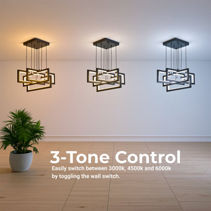 Lustre LED avec télécommande, Suspendu 96W, 4 Éléments, Lumière Froid/Chaud/Neutre, Dimmable, Hauteur réglable, Noir