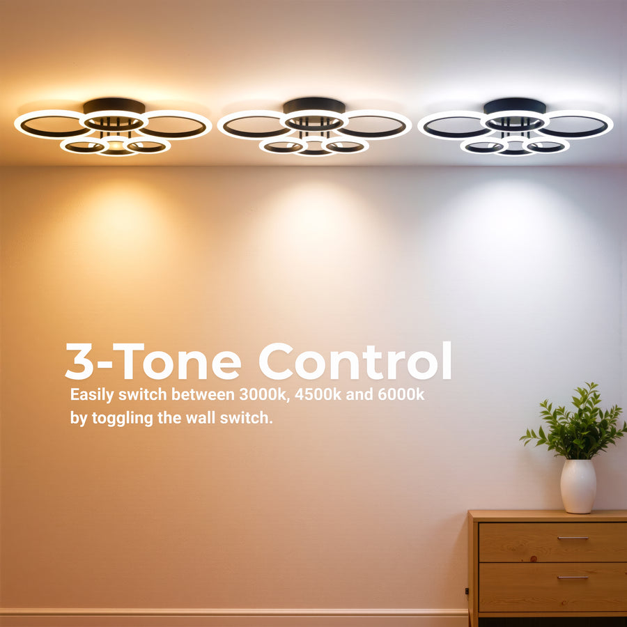 Lustre LED avec télécommande BETTY 82W, 6 Cercles, Lumière Froide/Chaude/Neutre, Dimmable, Noir