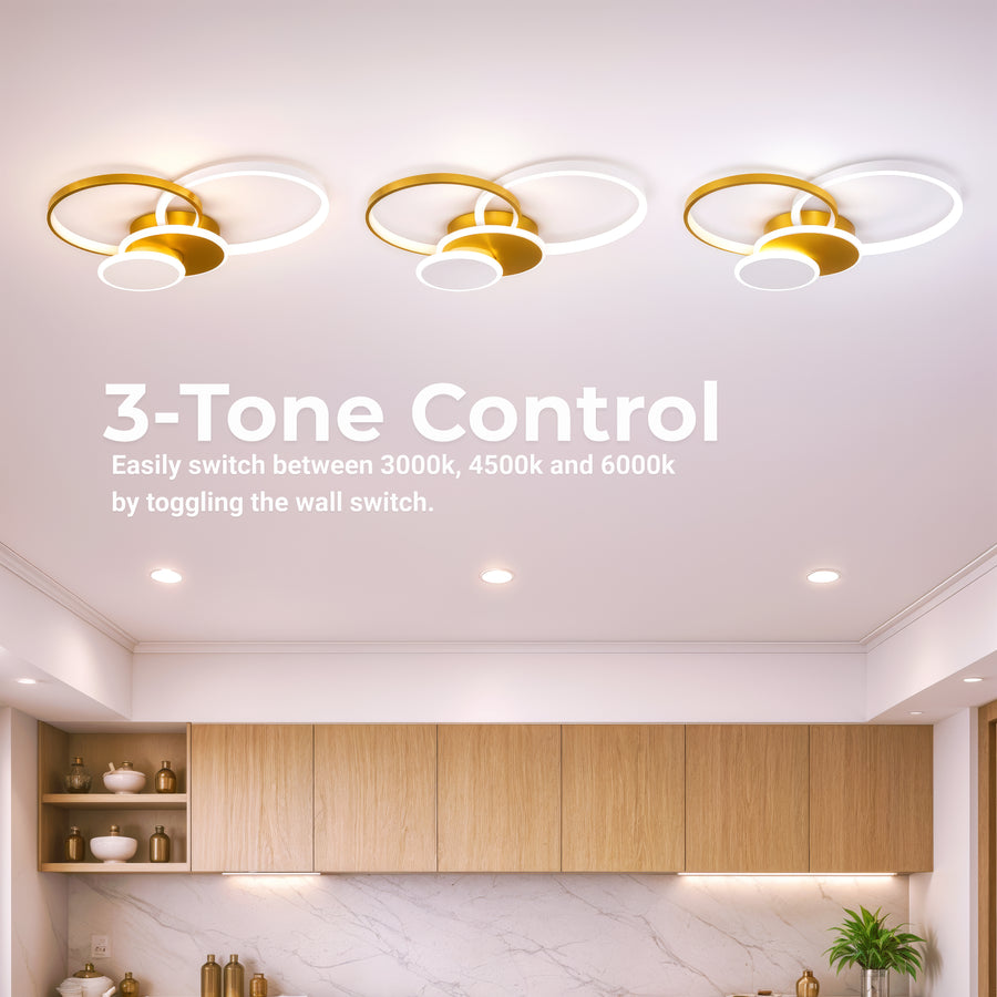 Lustre LED avec télécommande KILLIAN 80W, 4 Cercles, Lumière Froide/Chaude/Neutre, Dimmable, Doré