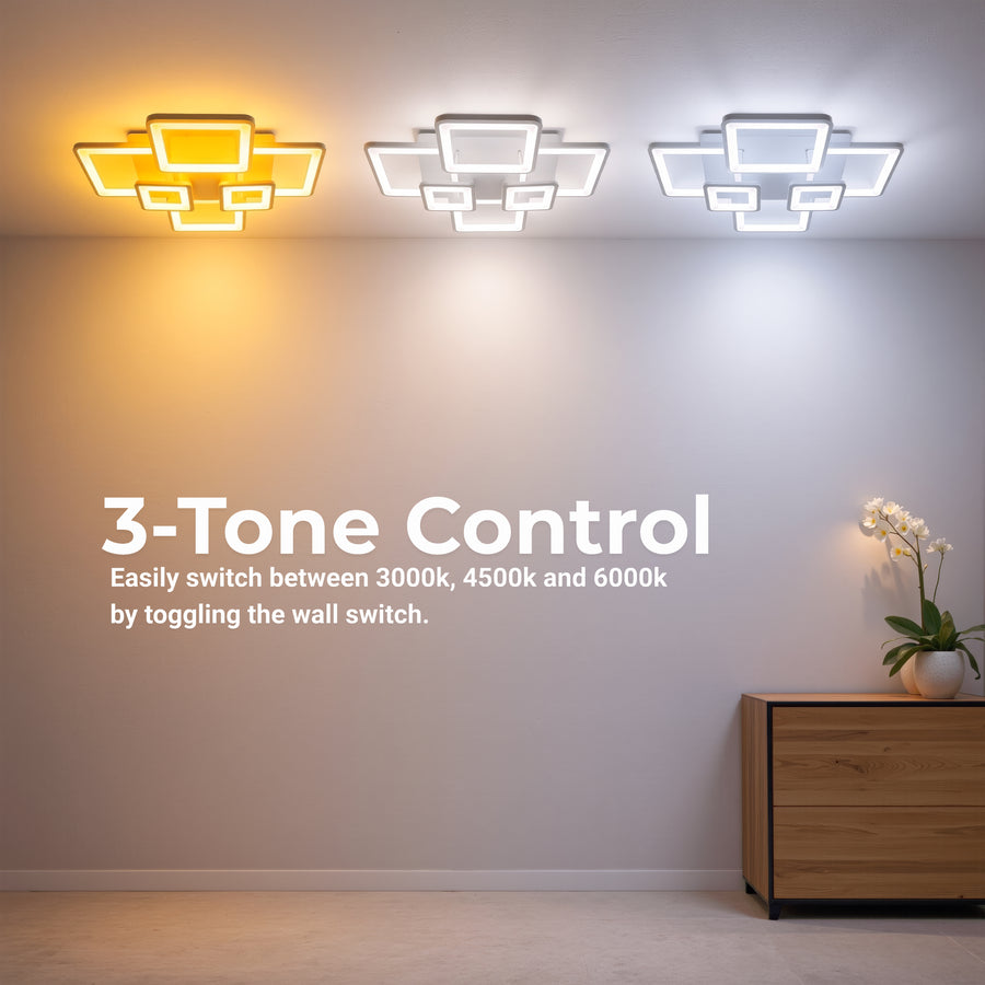 Lustre LED avec télécommande ELLA 119W, 6 carrés, Lumière Froide/Chaude/Neutre, Dimmable, Blanc