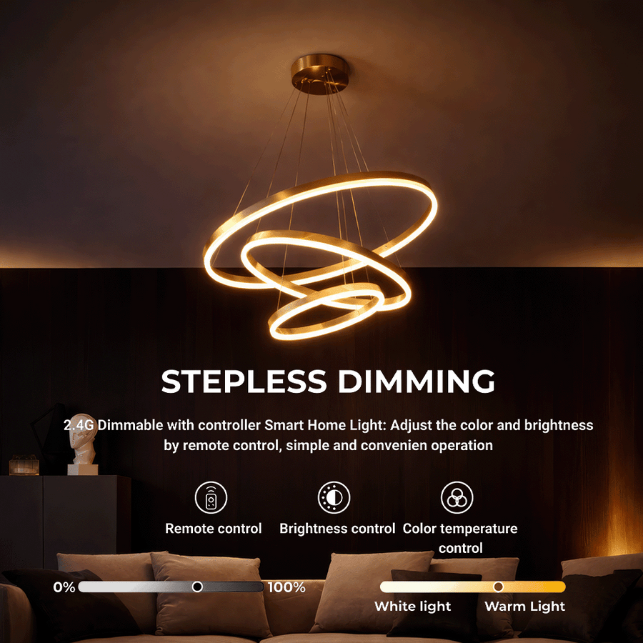 Lustre LED suspendu avec télécommande ELIZABETH, 85W, 3 Cercles, Lumière Froid/Chaud/Neutre, Dimmable, Or Brillant, Hauteur Réglable