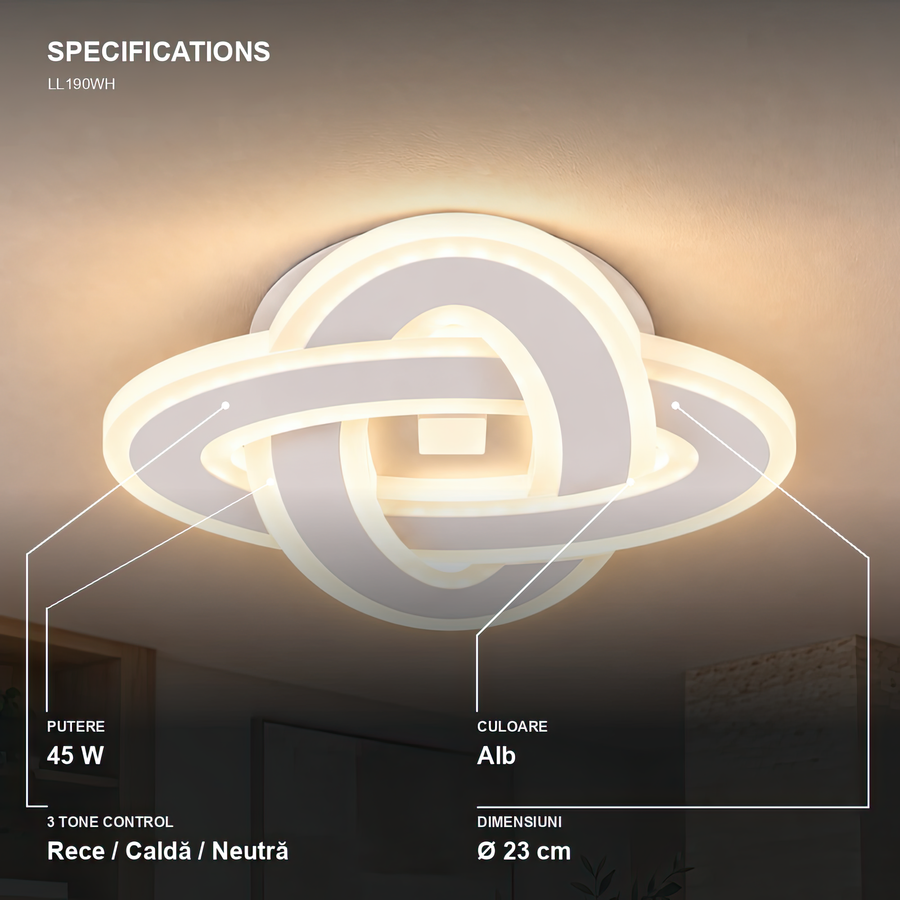 Lustre LED CRINELLA 45W, Diamètre 23cm, Lumière Froide/Chaude/Neutre, Blanc