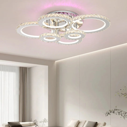Lustre LED avec télécommande et cristal NOVA ROTONDA RGB 144W, 6 Cercles, Lumière Froid/Chaude/Neutre, Dimmable, Chrome Brillant