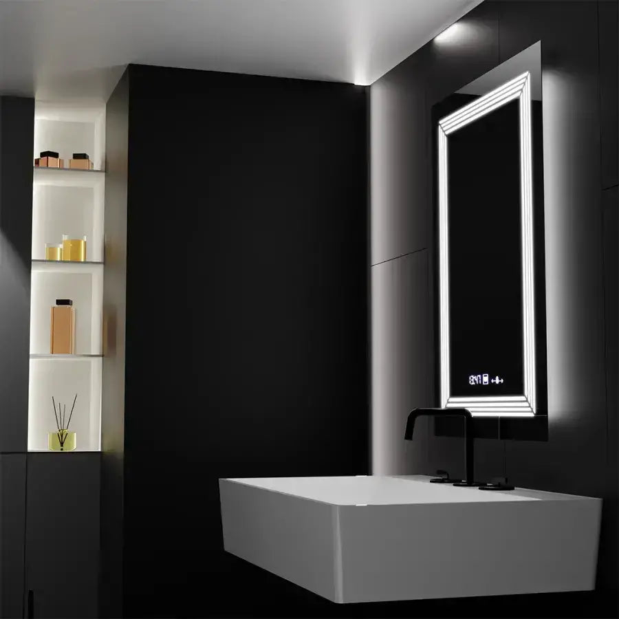 Miroir LED rectangulaire, 60 x 80 cm, capteur MotionGlow Venezia Marcello, système anti-buée, horloge et thermomètre, intensité variable, lumière froide neutre et chaude 3000K/4000K/6000K