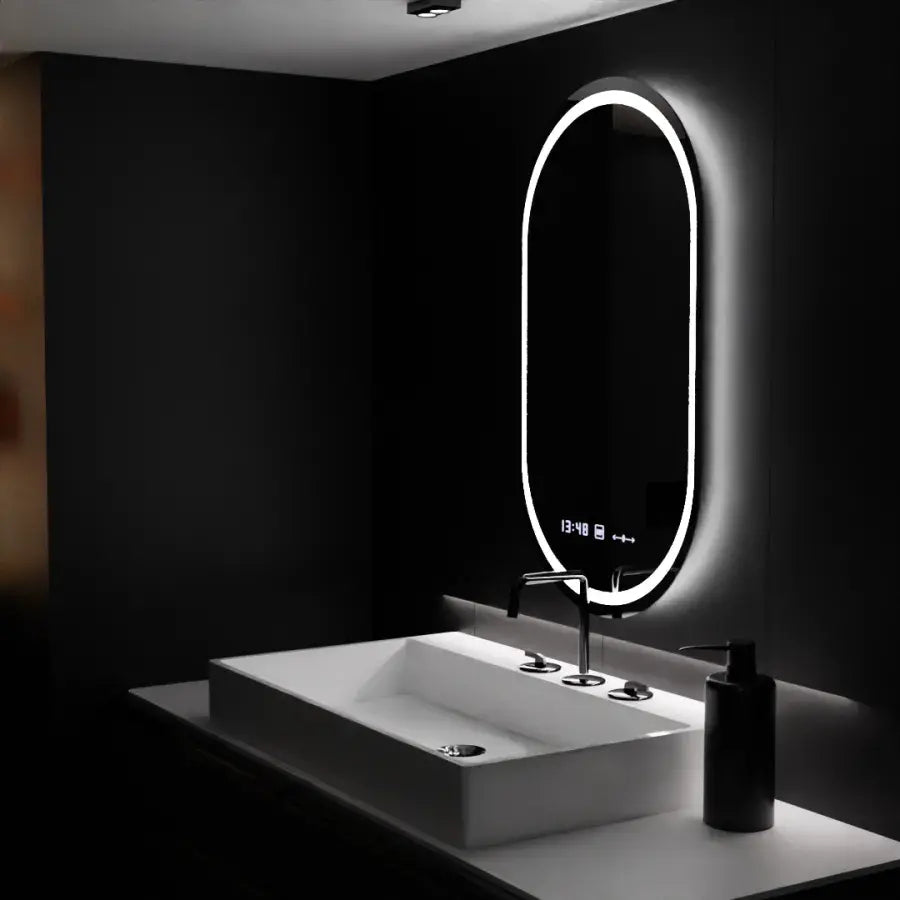 Miroir LED ovale, 60x80cm, Eminence MotionGlow Marcello, système anti-buée, horloge et thermomètre, intensité variable