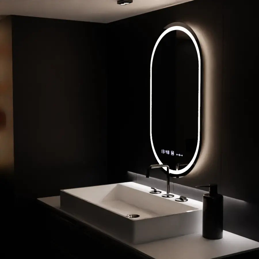 Miroir LED ovale, 60x80cm, Eminence MotionGlow Marcello, système anti-buée, horloge et thermomètre, intensité variable