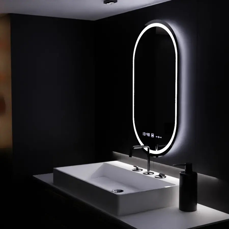 Miroir LED ovale, 60x80cm, Eminence MotionGlow Marcello, système anti-buée, horloge et thermomètre, intensité variable
