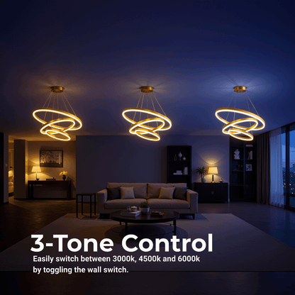 Lustre LED suspendu avec télécommande ELIZABETH, 85W, 3 Cercles, Lumière Froid/Chaud/Neutre, Dimmable, Or Brillant, Hauteur Réglable