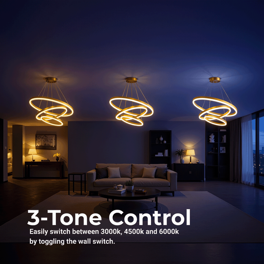Lustre LED suspendu avec télécommande ELIZABETH, 85W, 3 Cercles, Lumière Froid/Chaud/Neutre, Dimmable, Or Brillant, Hauteur Réglable