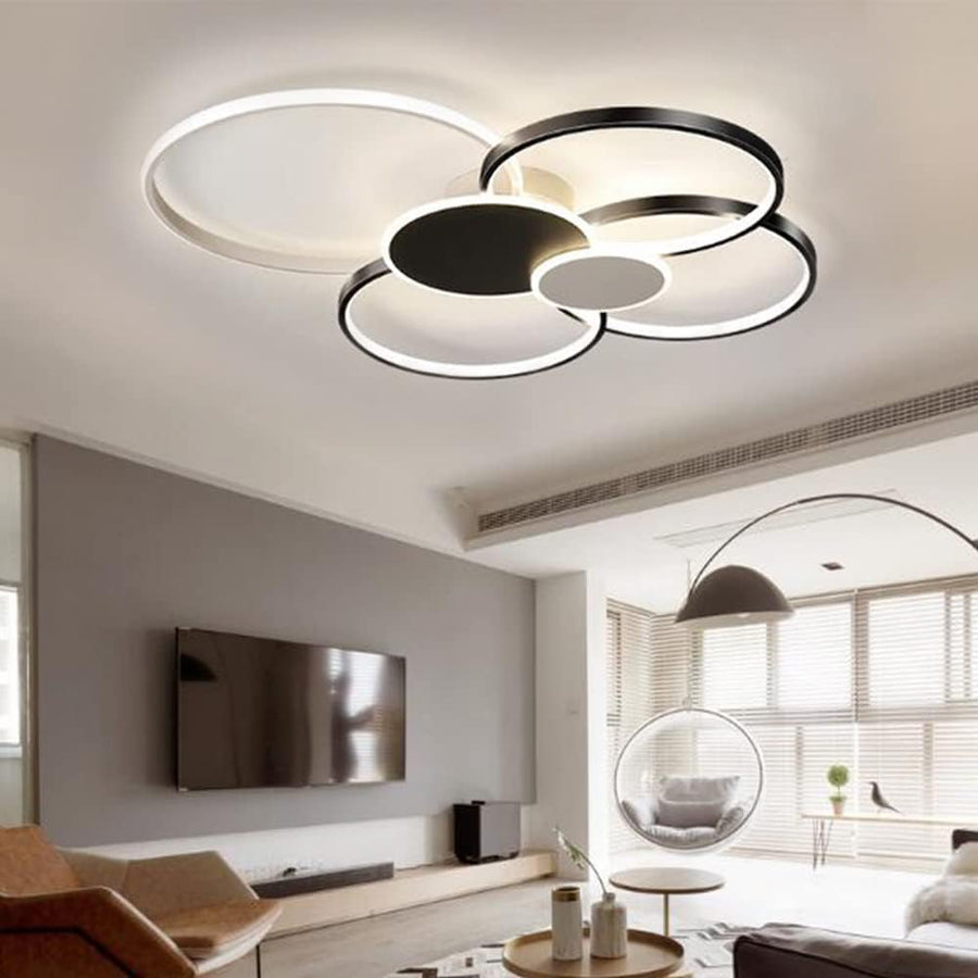 Lustre LED avec télécommande, KILLIAN, 74W, 6 Cercles, Lumière Froide/Chaude/Neutre 3000K/4000K/6000K, Intensité Variable, Noir et Blanc, Métal et Acrylique