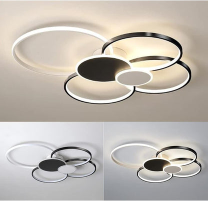 Lustre LED avec télécommande, KILLIAN, 74W, 6 Cercles, Lumière Froide/Chaude/Neutre 3000K/4000K/6000K, Intensité Variable, Noir et Blanc, Métal et Acrylique
