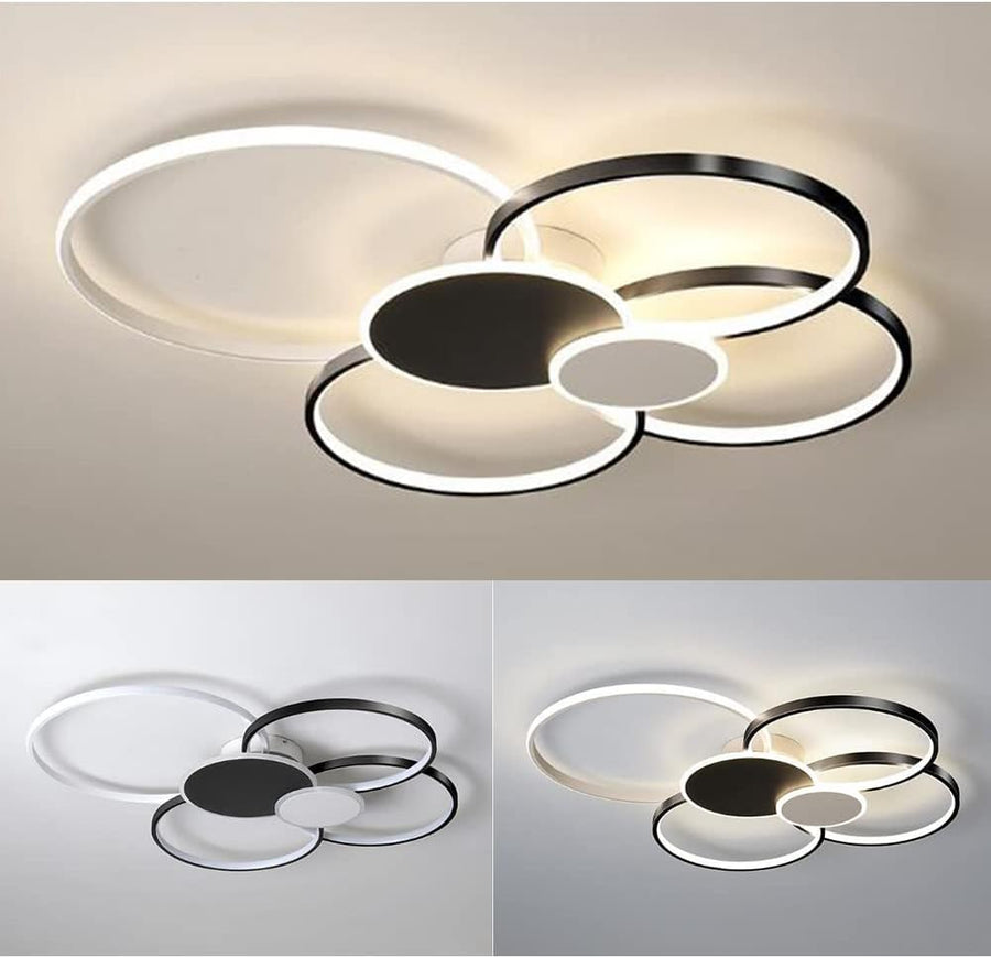 Lustre LED avec télécommande, KILLIAN, 74W, 6 Cercles, Lumière Froide/Chaude/Neutre 3000K/4000K/6000K, Intensité Variable, Noir et Blanc, Métal et Acrylique