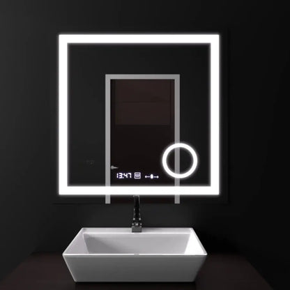 Miroir LED rectangulaire, 60x60 cm, Souverain MotionGlow Marcello, système anti-buée, horloge et thermomètre, loupe cosmétique, variable