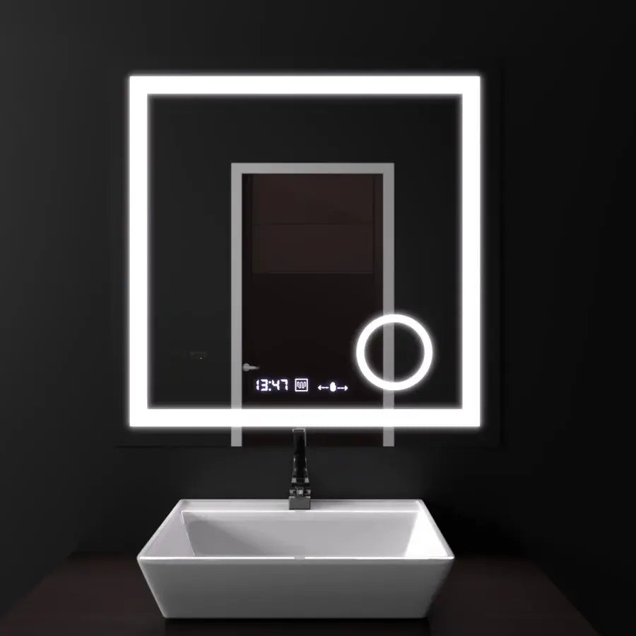 Miroir LED rectangulaire, 60x60 cm, Souverain MotionGlow Marcello, système anti-buée, horloge et thermomètre, loupe cosmétique, variable