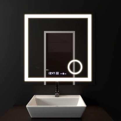 Miroir LED rectangulaire, 60x60 cm, Souverain MotionGlow Marcello, système anti-buée, horloge et thermomètre, loupe cosmétique, variable