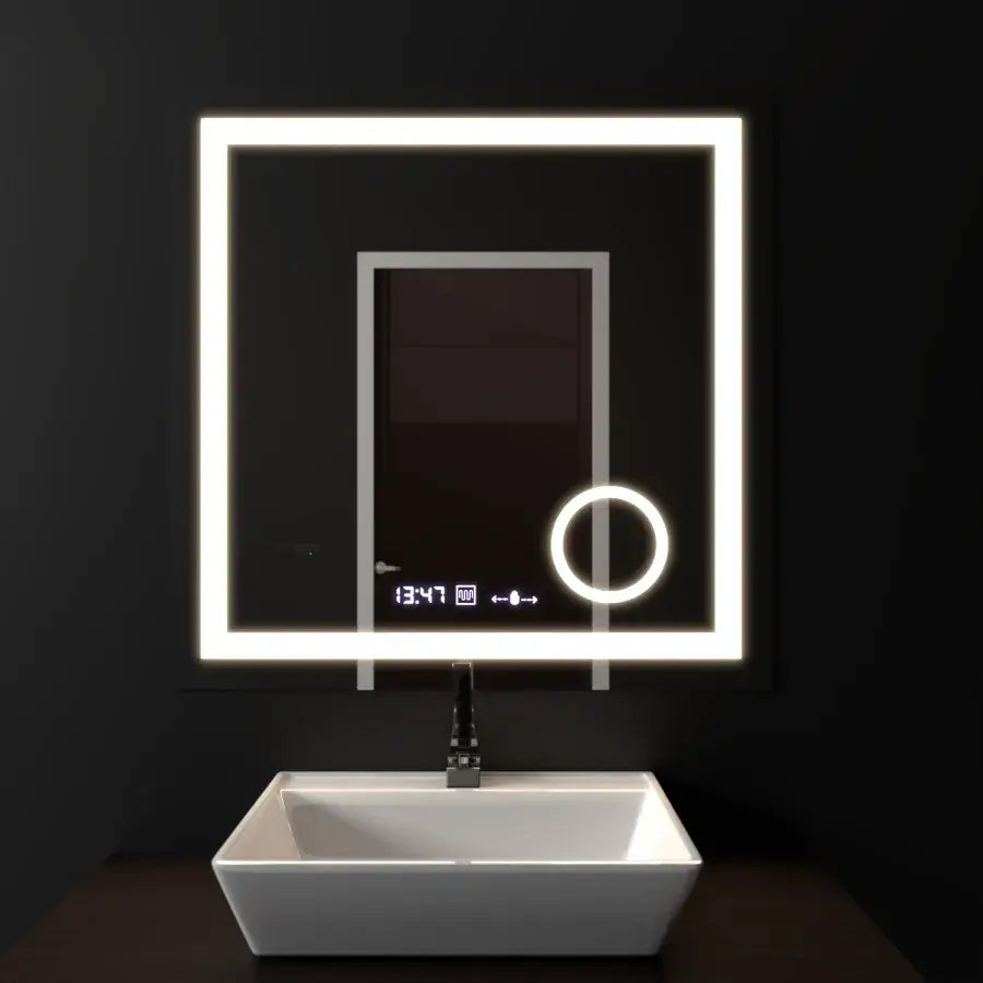 Miroir LED rectangulaire, 60x60 cm, Souverain MotionGlow Marcello, système anti-buée, horloge et thermomètre, loupe cosmétique, variable