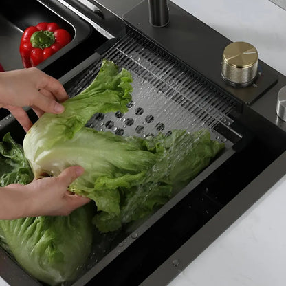 Ensemble d'évier de cuisine en acier inoxydable avec double robinet, bol à légumes/fruits perforé, bol universel avec bouchon de vidange, hachoir, noir graphite, 75x45x21cm